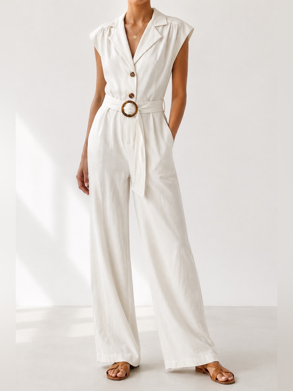 Sleeveless Wide-Leg Jumpsuit with Belt - White